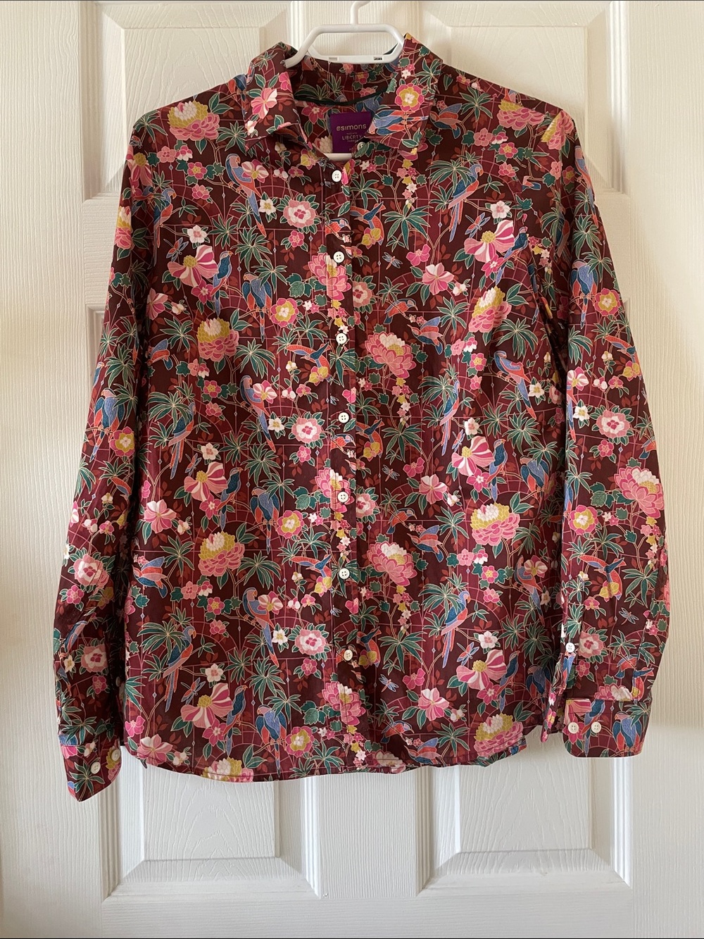 Luxury Simons button up blouse shirt liberty fabric blooming print M floral bird